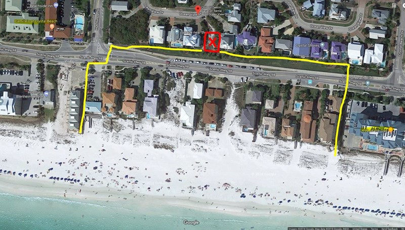 yellow lines, a beach access on each side of us